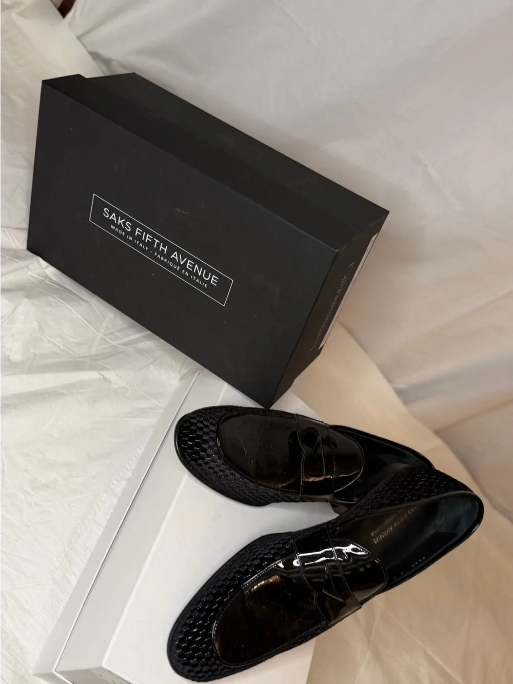 Saks Fifth Avenue Black Patent Leather Woven-Trim Penny Loafers